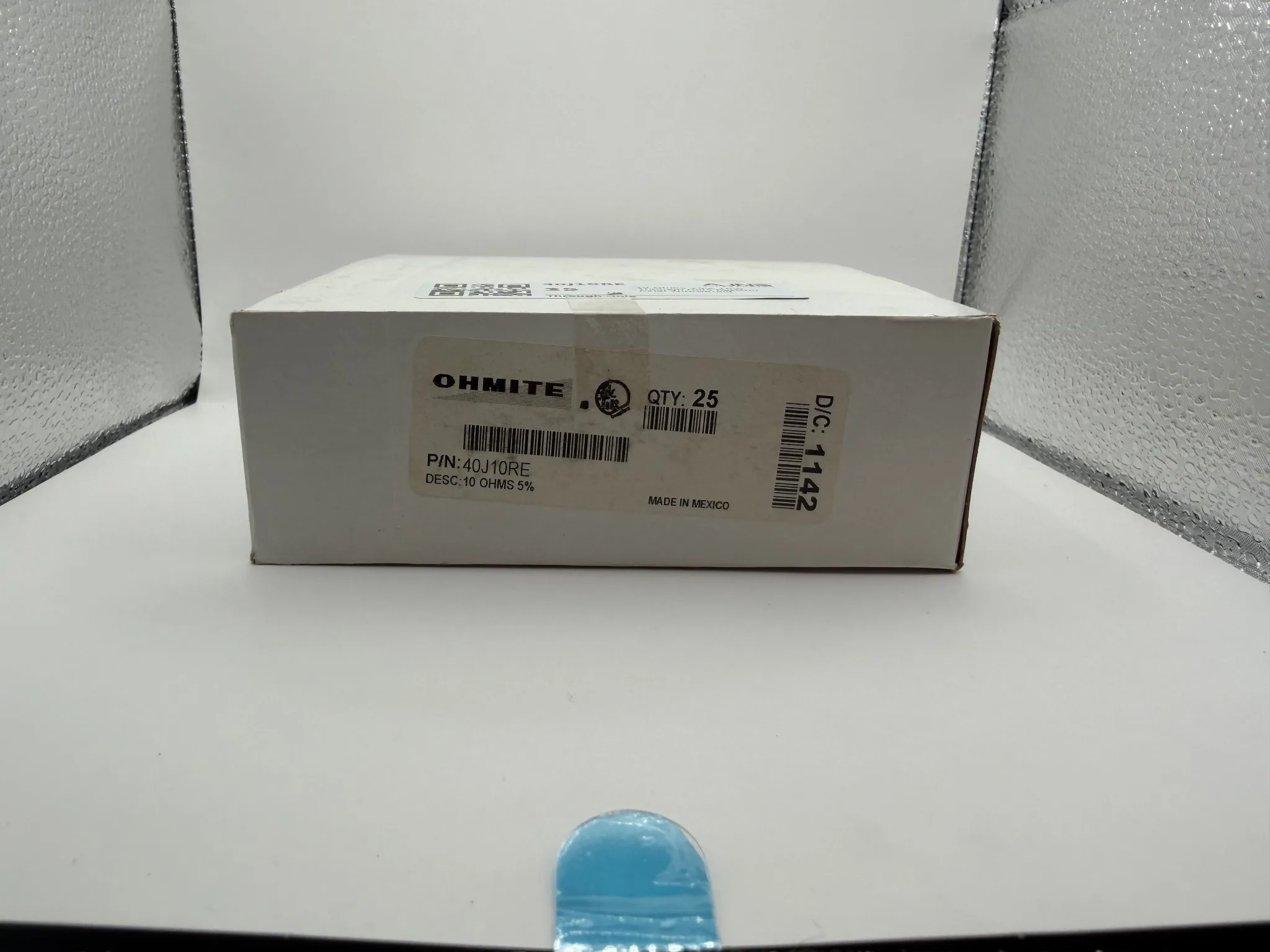 Original Ohmite box label for 40J10RE showing quantity 25 and date code 1142