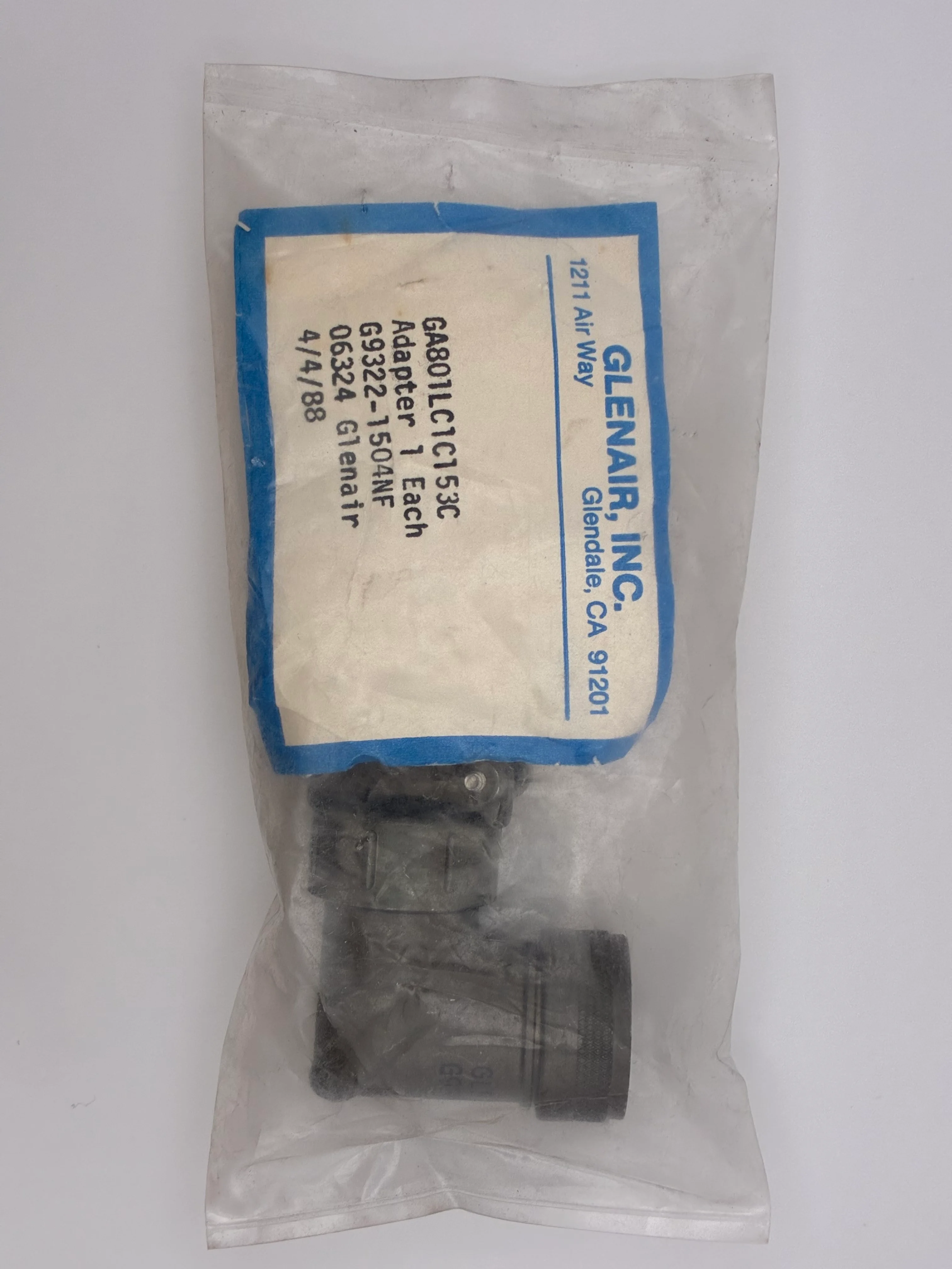 Glenair GA801LC1C153C adapter in its sealed bag with the Glenair part label