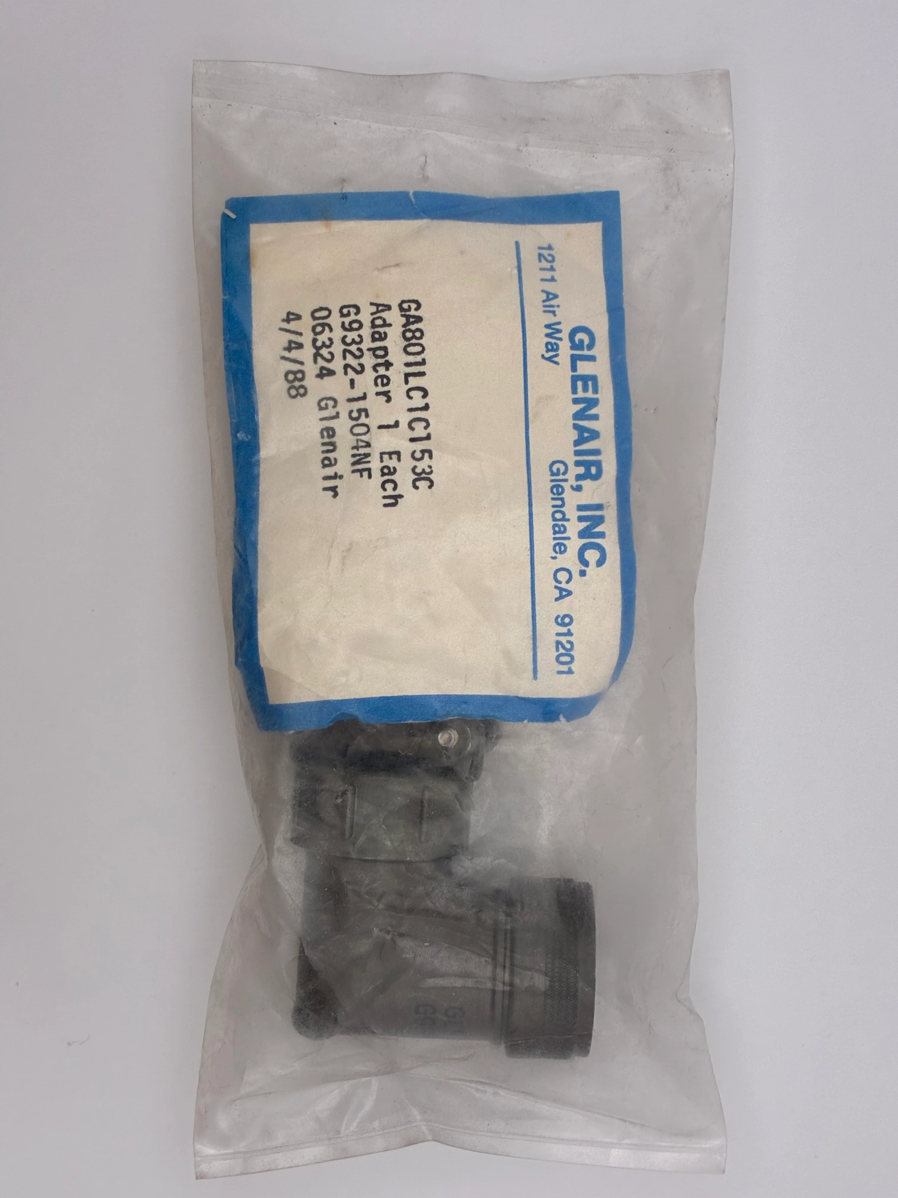 Glenair GA801LC1C153C adapter in its sealed bag with the Glenair part label